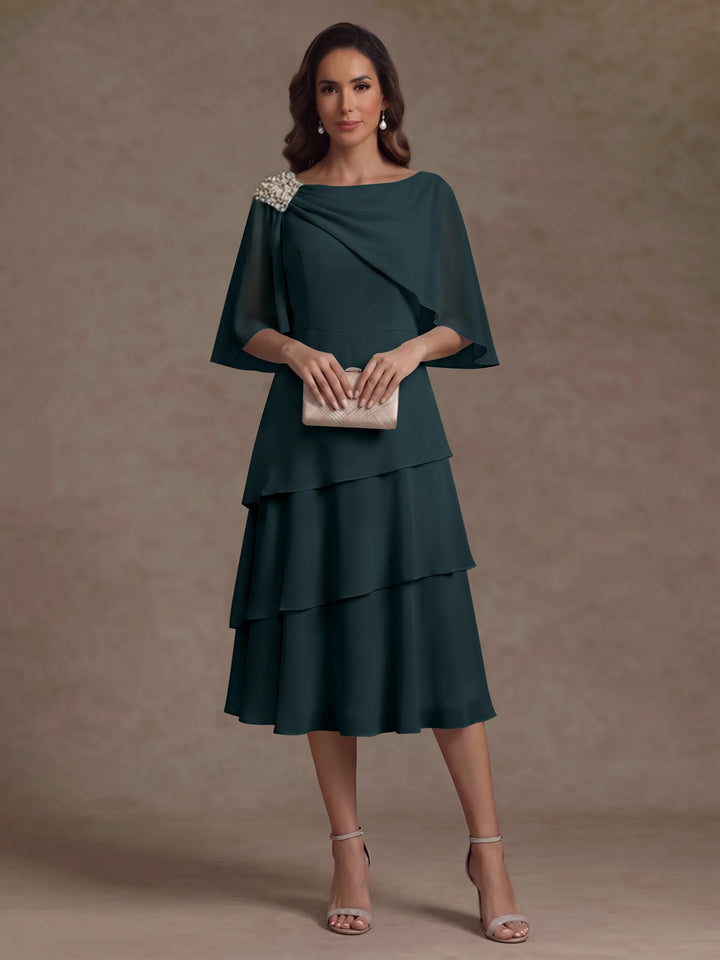 Robe Mère de la Mariée en Mousseline, Col Bateau, Ligne A/Princesse, Longueur Midi, Manches Cape, à Volants
