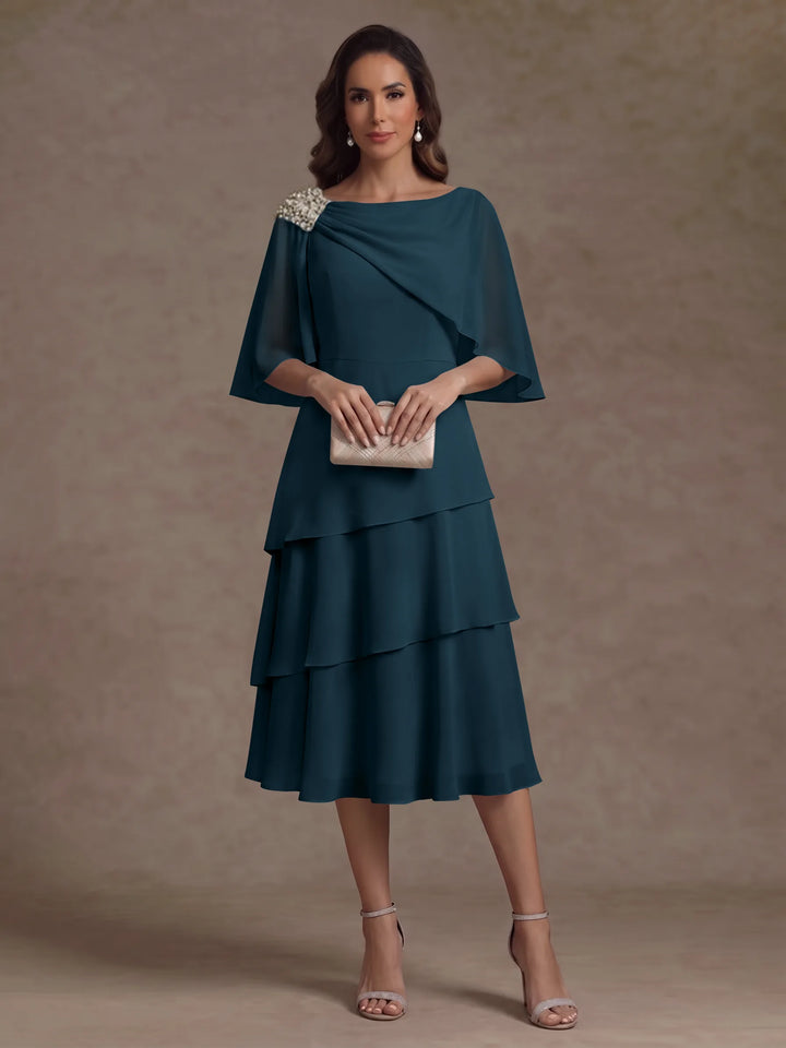 Robe Mère de la Mariée en Mousseline, Col Bateau, Ligne A/Princesse, Longueur Midi, Manches Cape, à Volants