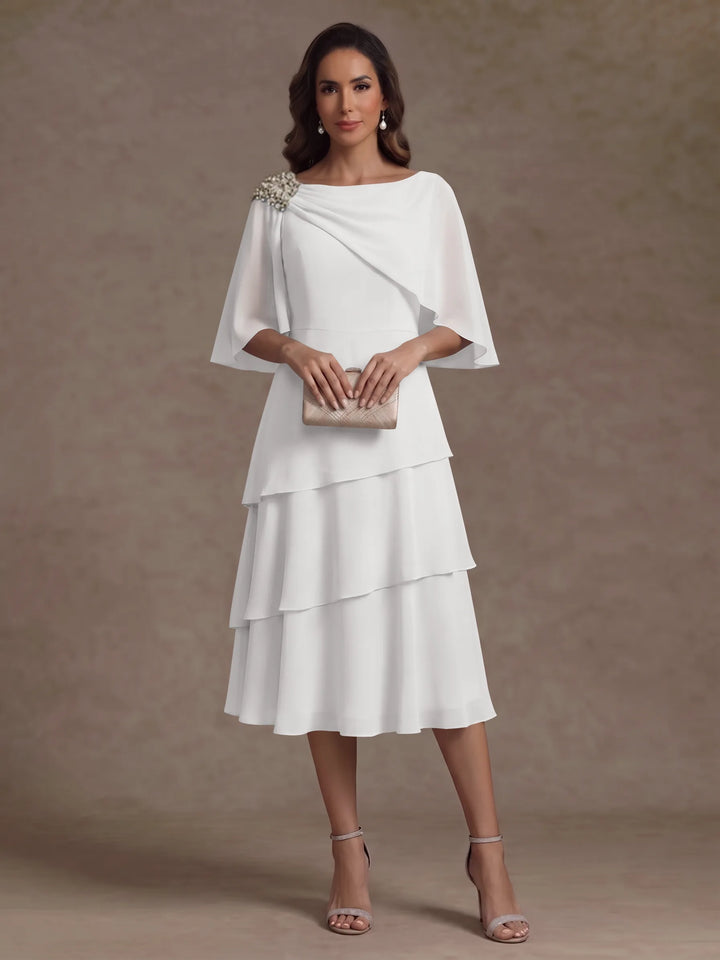 Robe Mère de la Mariée en Mousseline, Col Bateau, Ligne A/Princesse, Longueur Midi, Manches Cape, à Volants