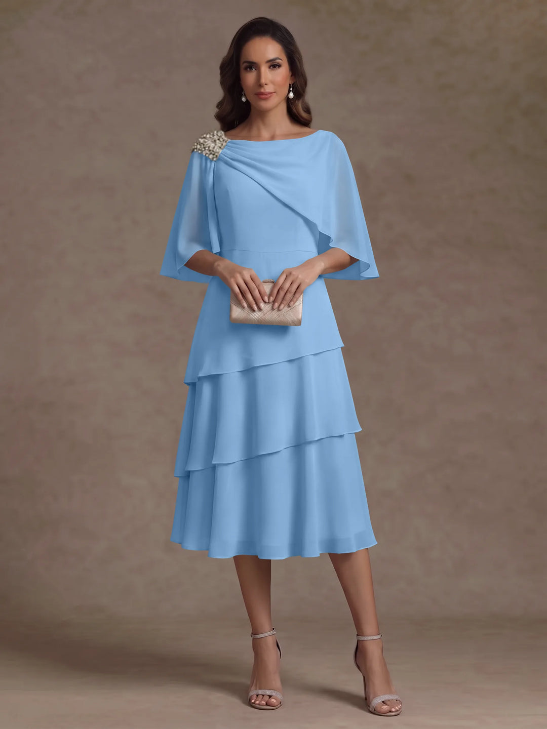 Robe Mère de la Mariée en Mousseline, Col Bateau, Ligne A/Princesse, Longueur Midi, Manches Cape, à Volants