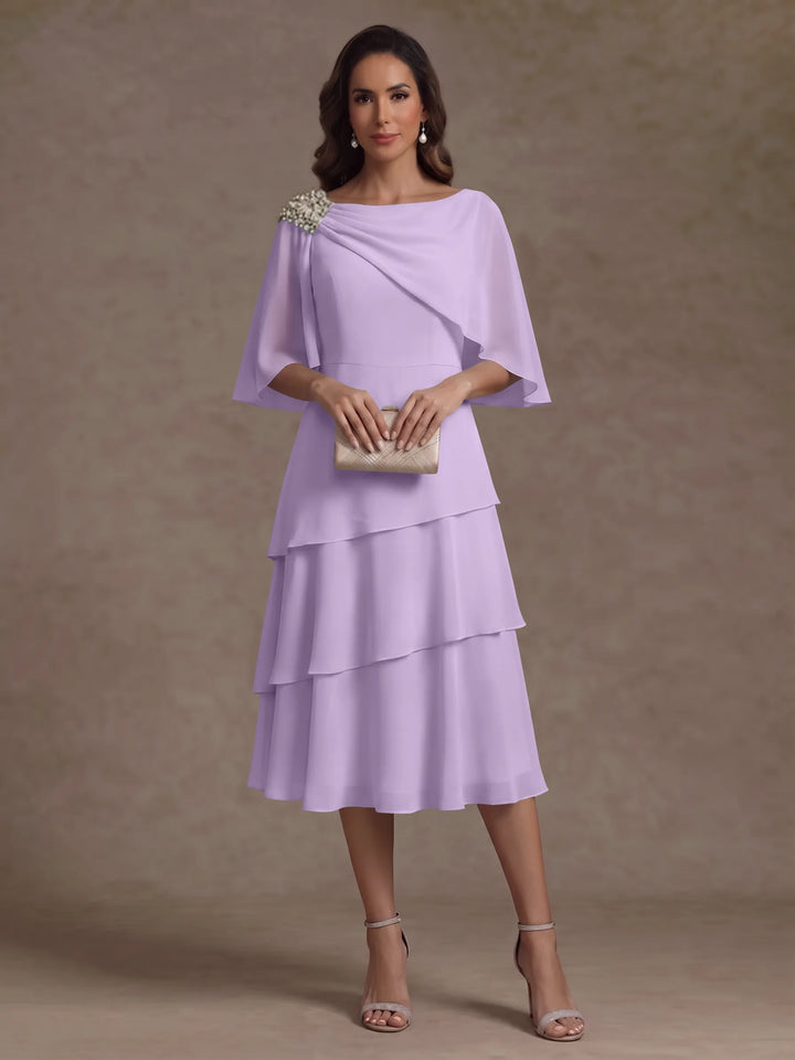 Robe Mère de la Mariée en Mousseline, Col Bateau, Ligne A/Princesse, Longueur Midi, Manches Cape, à Volants
