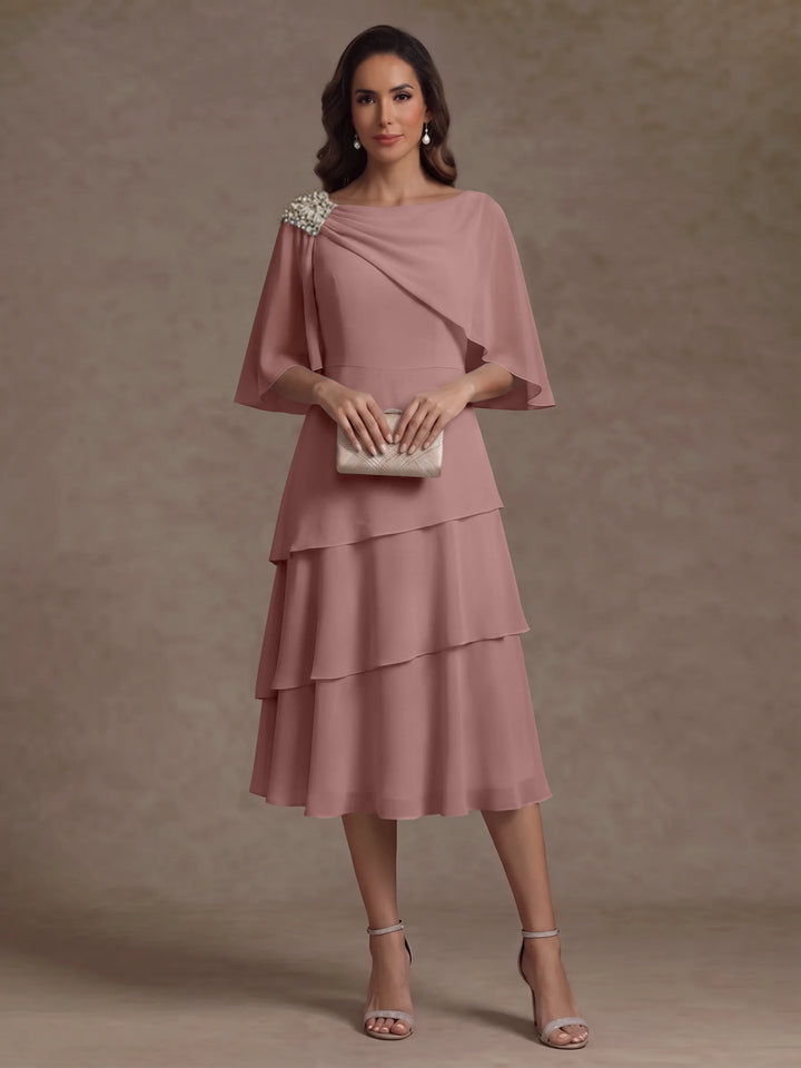 Robe Mère de la Mariée en Mousseline, Col Bateau, Ligne A/Princesse, Longueur Midi, Manches Cape, à Volants