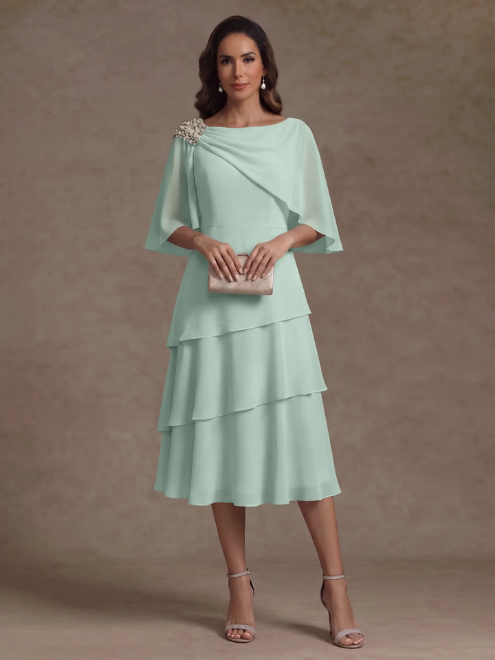 Robe Mère de la Mariée en Mousseline, Col Bateau, Ligne A/Princesse, Longueur Midi, Manches Cape, à Volants