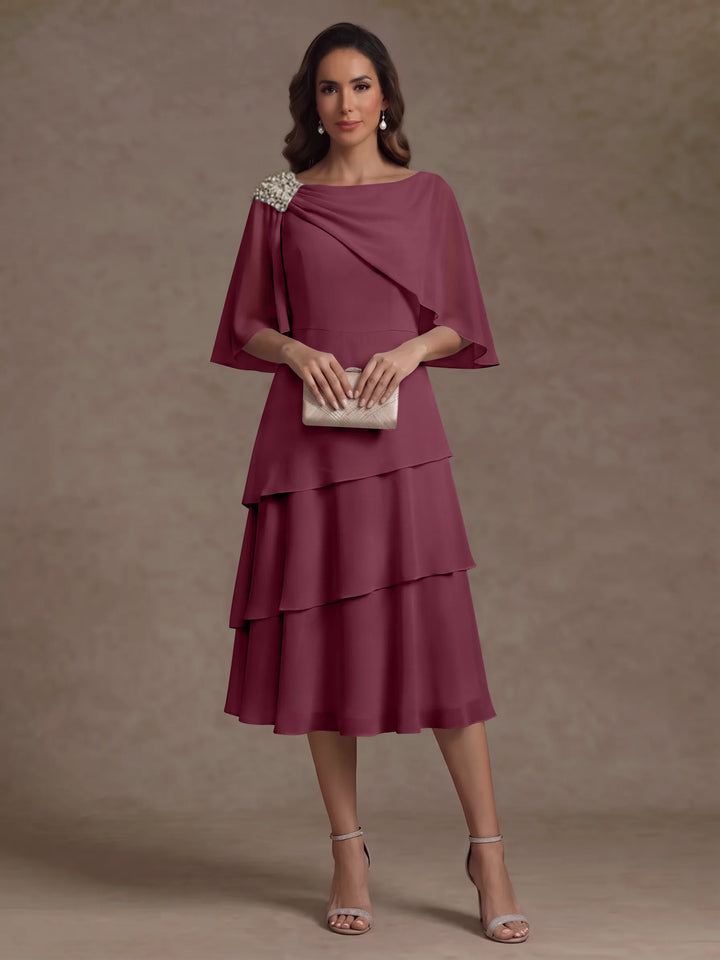 Robe Mère de la Mariée en Mousseline, Col Bateau, Ligne A/Princesse, Longueur Midi, Manches Cape, à Volants