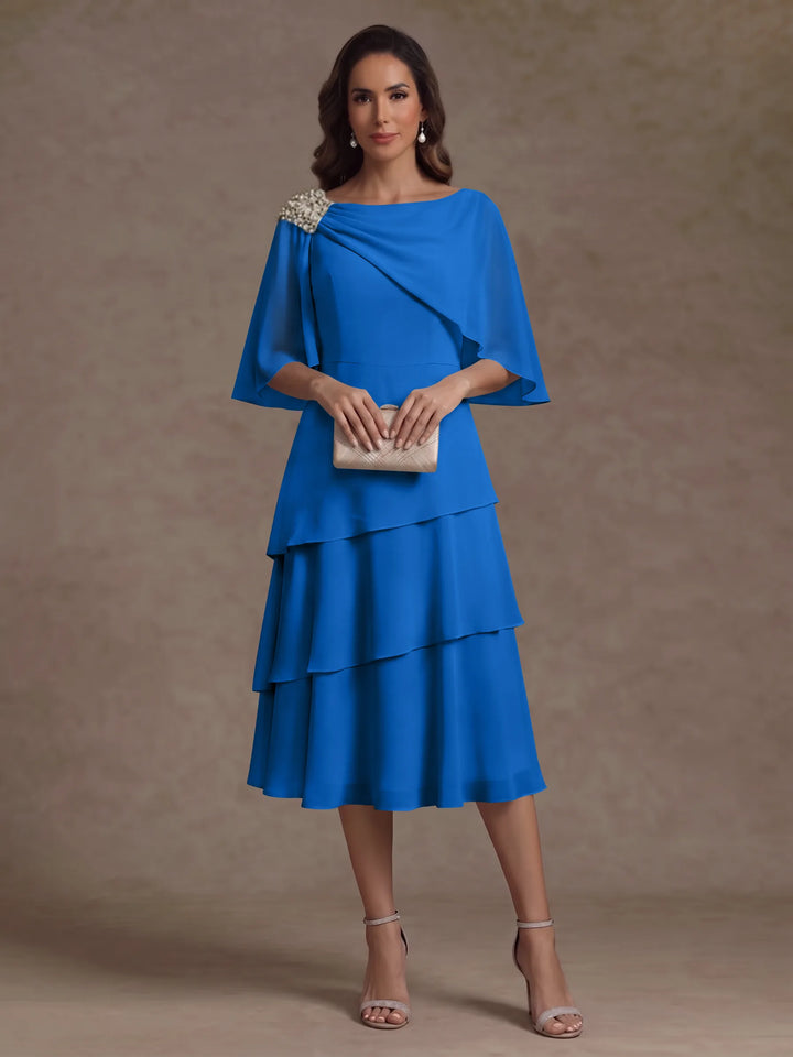 Robe Mère de la Mariée en Mousseline, Col Bateau, Ligne A/Princesse, Longueur Midi, Manches Cape, à Volants