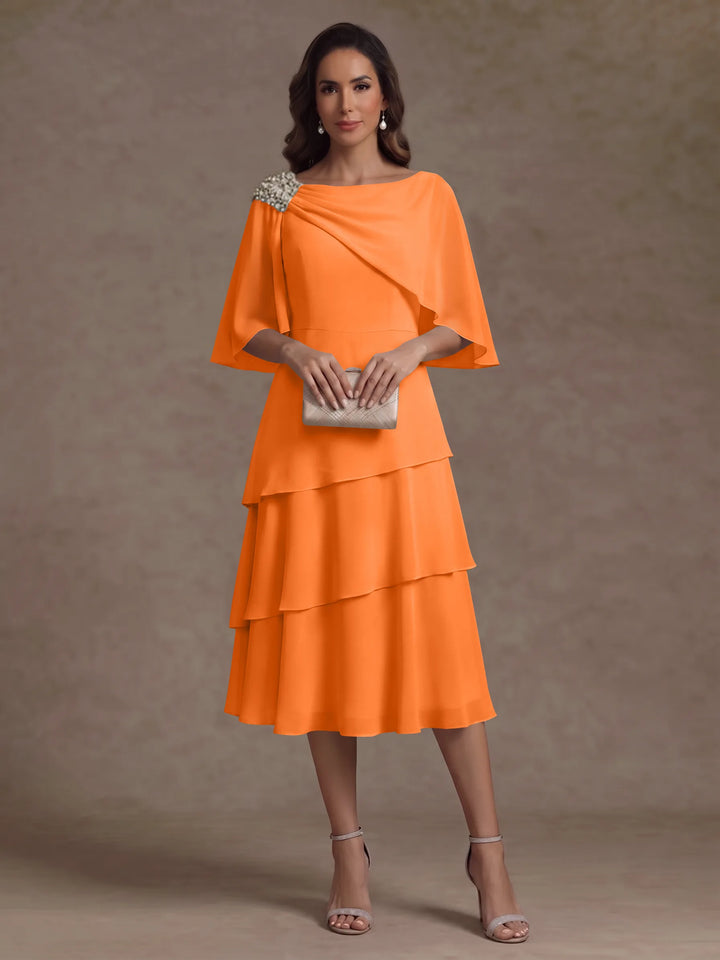 Robe Mère de la Mariée en Mousseline, Col Bateau, Ligne A/Princesse, Longueur Midi, Manches Cape, à Volants
