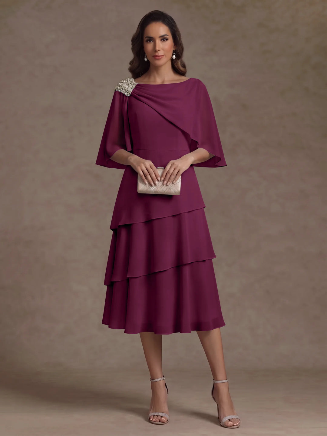Robe Mère de la Mariée en Mousseline, Col Bateau, Ligne A/Princesse, Longueur Midi, Manches Cape, à Volants