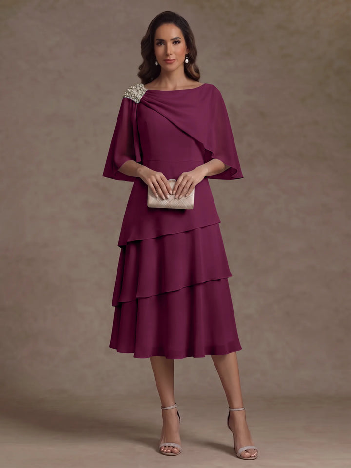 Robe Mère de la Mariée en Mousseline, Col Bateau, Ligne A/Princesse, Longueur Midi, Manches Cape, à Volants