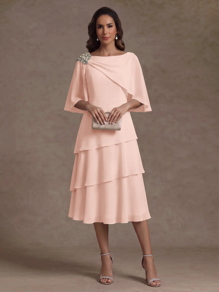 Robe Mère de la Mariée en Mousseline, Col Bateau, Ligne A/Princesse, Longueur Midi, Manches Cape, à Volants