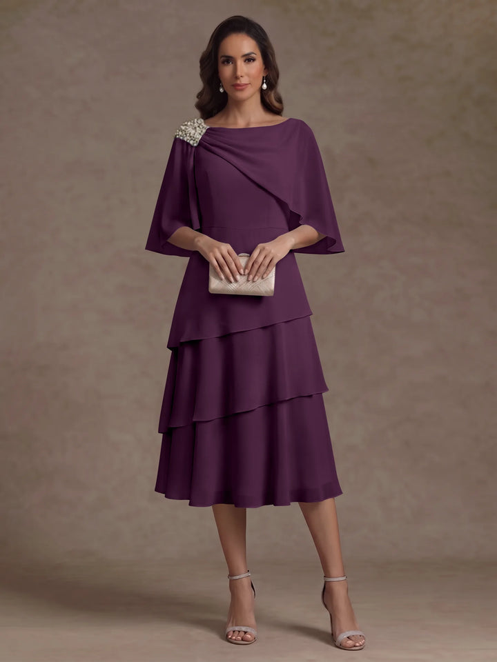 Robe Mère de la Mariée en Mousseline, Col Bateau, Ligne A/Princesse, Longueur Midi, Manches Cape, à Volants