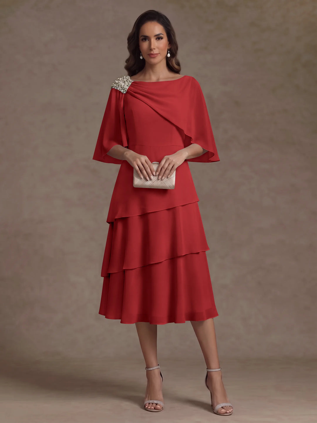 Robe Mère de la Mariée en Mousseline, Col Bateau, Ligne A/Princesse, Longueur Midi, Manches Cape, à Volants
