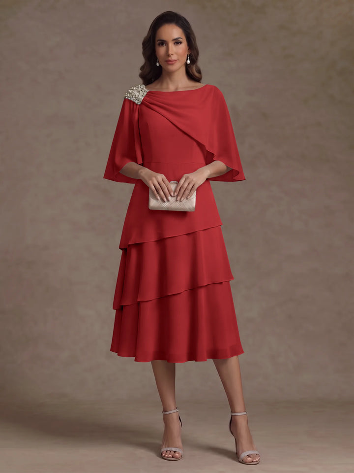 Robe Mère de la Mariée en Mousseline, Col Bateau, Ligne A/Princesse, Longueur Midi, Manches Cape, à Volants