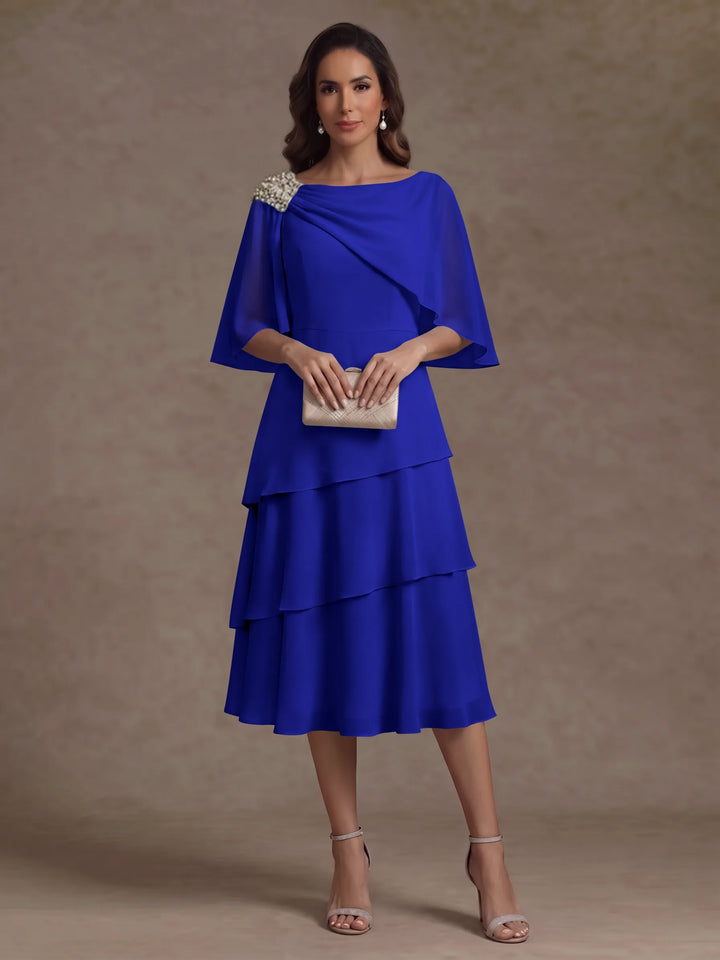 Robe Mère de la Mariée en Mousseline, Col Bateau, Ligne A/Princesse, Longueur Midi, Manches Cape, à Volants
