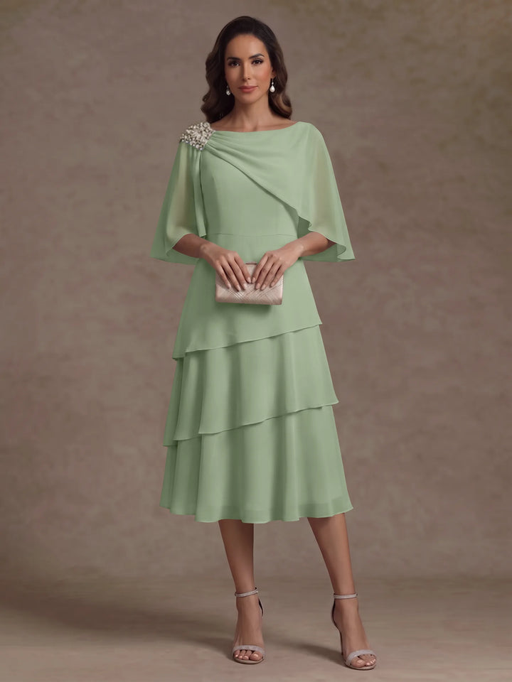 Robe Mère de la Mariée en Mousseline, Col Bateau, Ligne A/Princesse, Longueur Midi, Manches Cape, à Volants