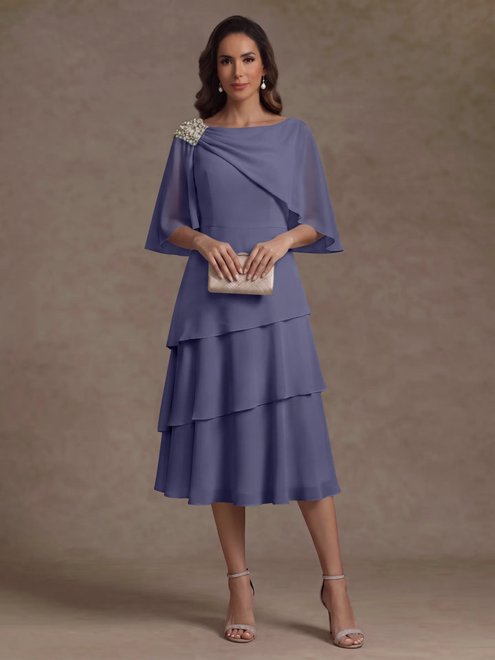 Robe Mère de la Mariée en Mousseline, Col Bateau, Ligne A/Princesse, Longueur Midi, Manches Cape, à Volants