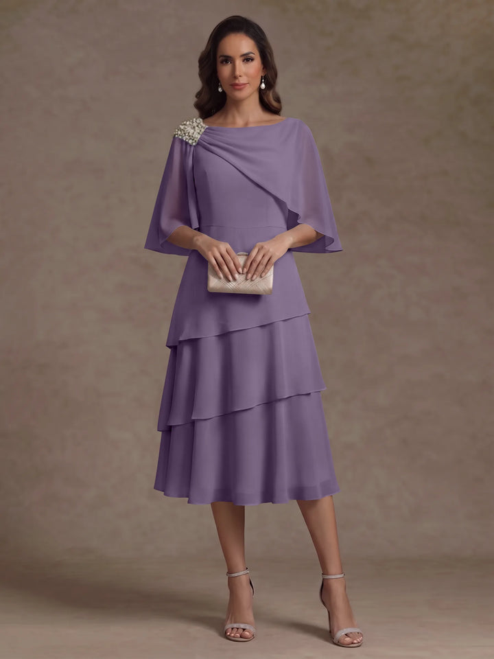 Robe Mère de la Mariée en Mousseline, Col Bateau, Ligne A/Princesse, Longueur Midi, Manches Cape, à Volants