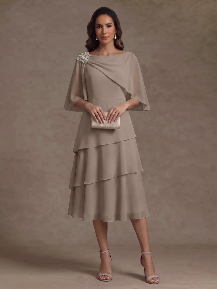 Robe Mère de la Mariée en Mousseline, Col Bateau, Ligne A/Princesse, Longueur Midi, Manches Cape, à Volants
