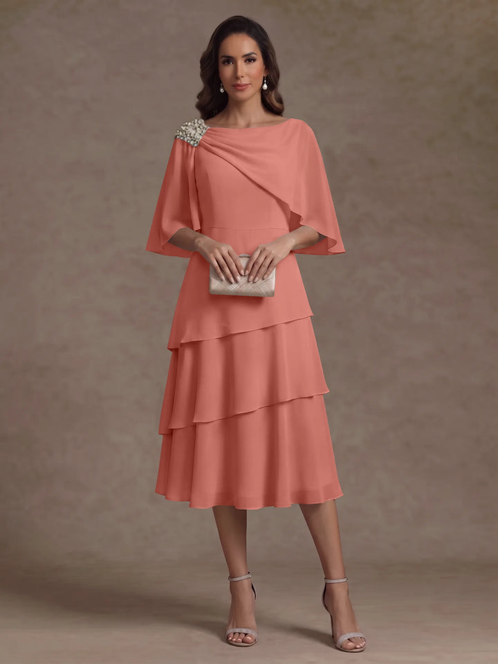 Robe Mère de la Mariée en Mousseline, Col Bateau, Ligne A/Princesse, Longueur Midi, Manches Cape, à Volants