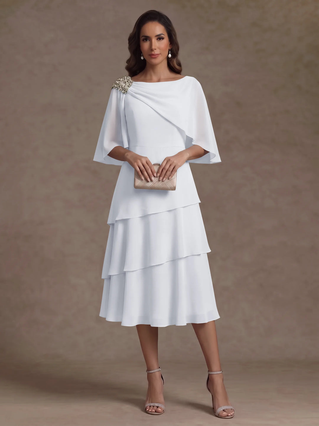 Robe Mère de la Mariée en Mousseline, Col Bateau, Ligne A/Princesse, Longueur Midi, Manches Cape, à Volants