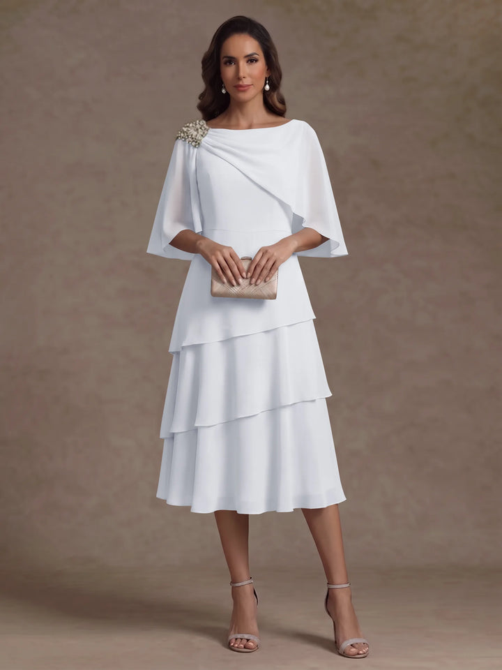 Robe Mère de la Mariée en Mousseline, Col Bateau, Ligne A/Princesse, Longueur Midi, Manches Cape, à Volants