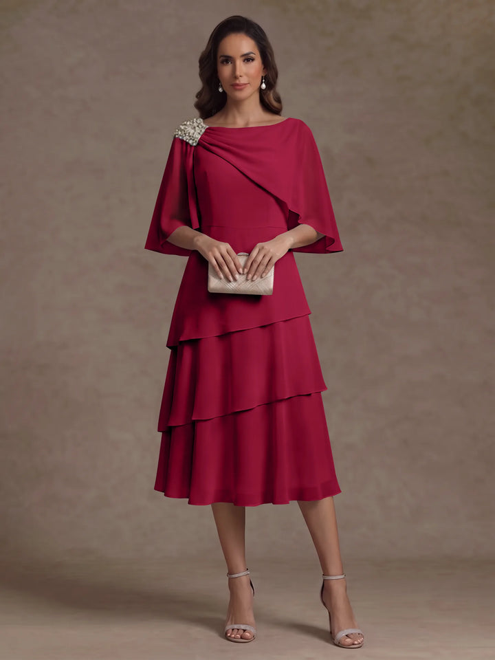 Robe Mère de la Mariée en Mousseline, Col Bateau, Ligne A/Princesse, Longueur Midi, Manches Cape, à Volants