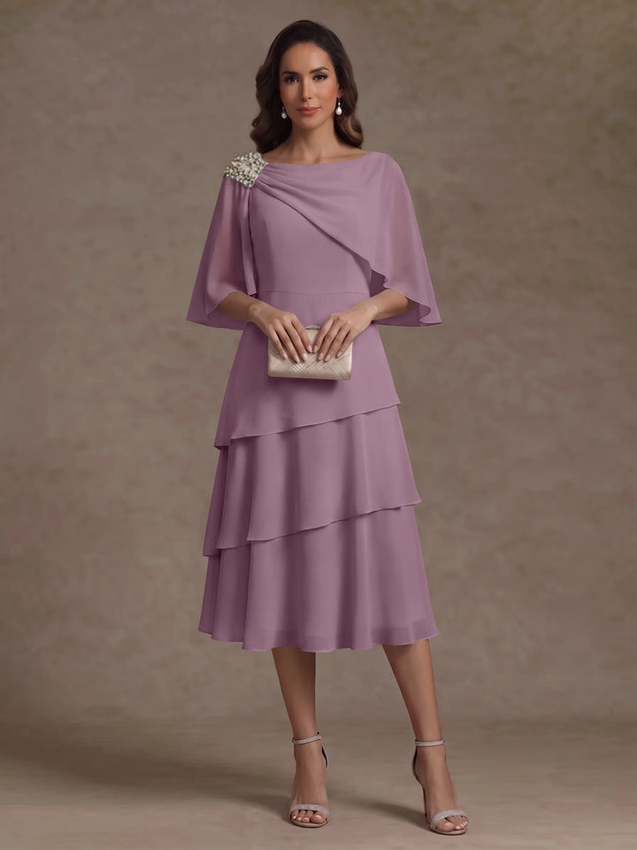 Robe Mère de la Mariée en Mousseline, Col Bateau, Ligne A/Princesse, Longueur Midi, Manches Cape, à Volants