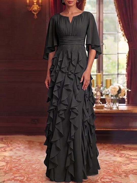 Robe Mère de la Mariée en Mousseline à Col Rond Ligne A/Princesse Longueur au Sol à Volants Manches 3/4