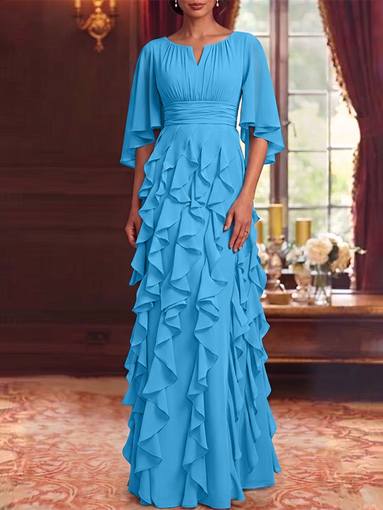 Robe Mère de la Mariée en Mousseline à Col Rond Ligne A/Princesse Longueur au Sol à Volants Manches 3/4
