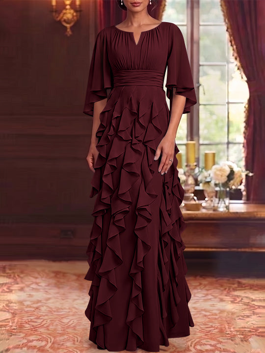 Robe Mère de la Mariée en Mousseline à Col Rond Ligne A/Princesse Longueur au Sol à Volants Manches 3/4