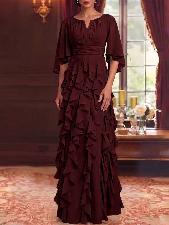 Robe Mère de la Mariée en Mousseline à Col Rond Ligne A/Princesse Longueur au Sol à Volants Manches 3/4