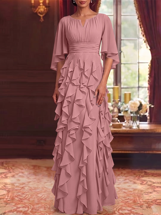 Robe Mère de la Mariée en Mousseline à Col Rond Ligne A/Princesse Longueur au Sol à Volants Manches 3/4
