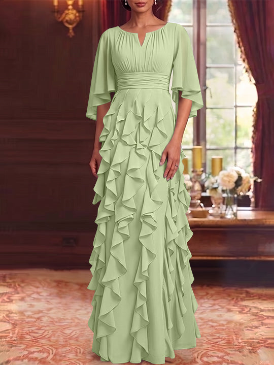 Robe Mère de la Mariée en Mousseline à Col Rond Ligne A/Princesse Longueur au Sol à Volants Manches 3/4
