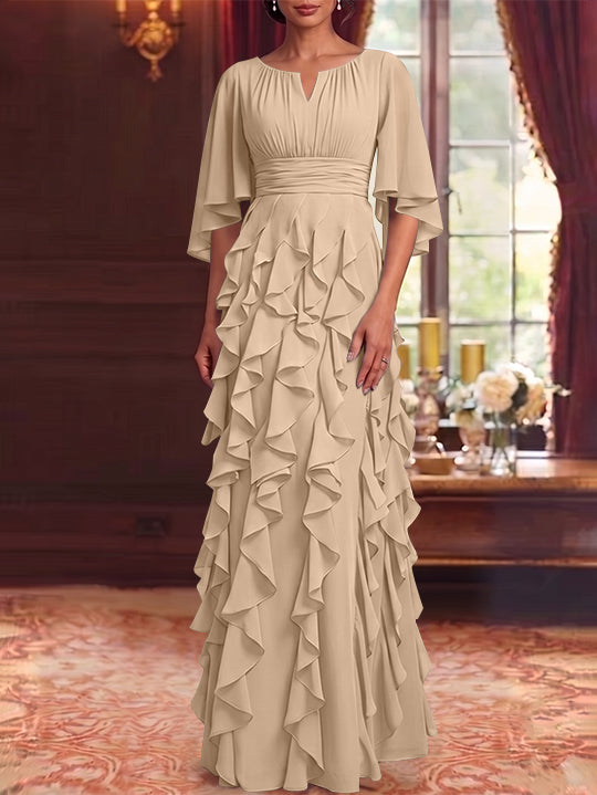 Robe Mère de la Mariée en Mousseline à Col Rond Ligne A/Princesse Longueur au Sol à Volants Manches 3/4