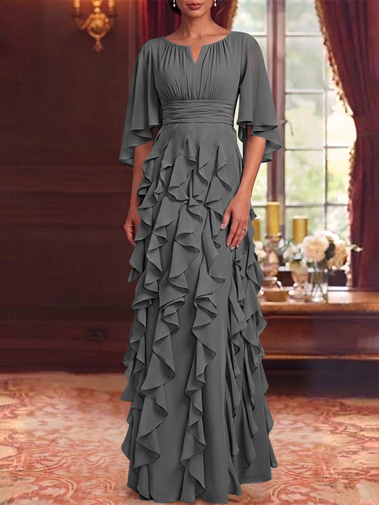 Robe Mère de la Mariée en Mousseline à Col Rond Ligne A/Princesse Longueur au Sol à Volants Manches 3/4