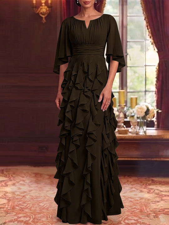 Robe Mère de la Mariée en Mousseline à Col Rond Ligne A/Princesse Longueur au Sol à Volants Manches 3/4