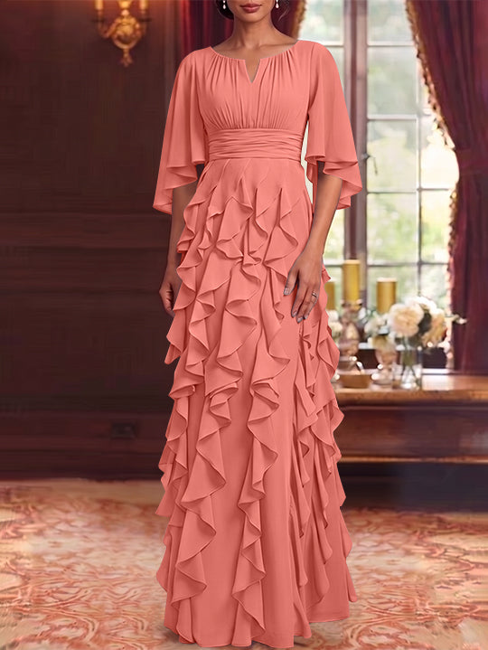 Robe Mère de la Mariée en Mousseline à Col Rond Ligne A/Princesse Longueur au Sol à Volants Manches 3/4