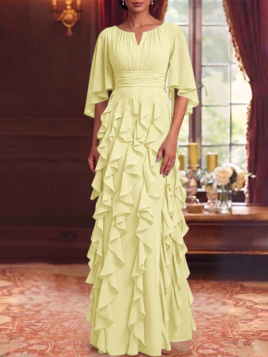 Robe Mère de la Mariée en Mousseline à Col Rond Ligne A/Princesse Longueur au Sol à Volants Manches 3/4