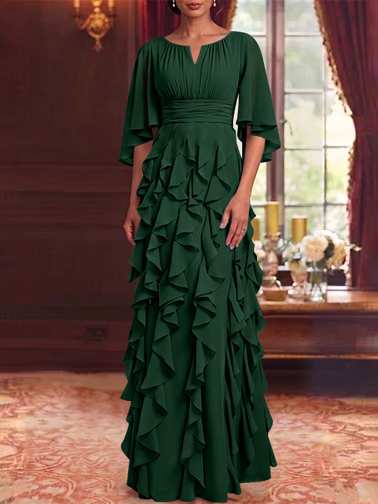 Robe Mère de la Mariée en Mousseline à Col Rond Ligne A/Princesse Longueur au Sol à Volants Manches 3/4