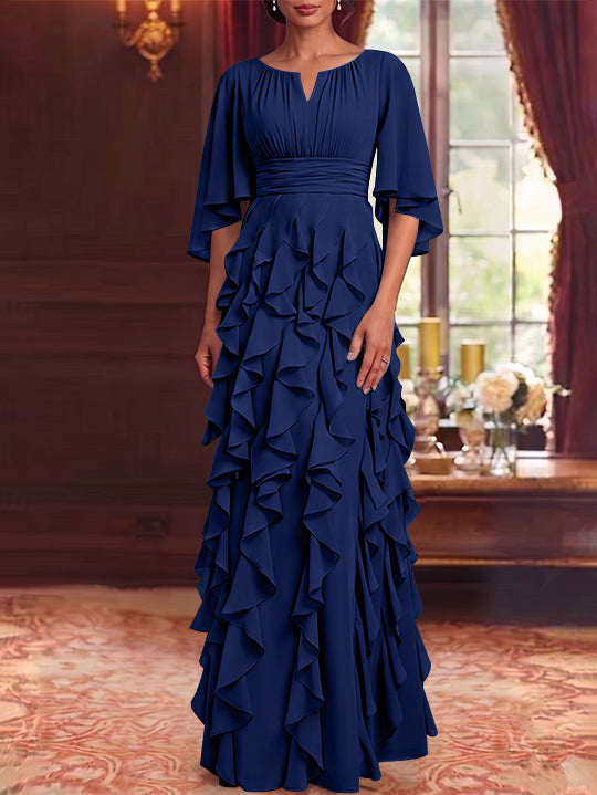 Robe Mère de la Mariée en Mousseline à Col Rond Ligne A/Princesse Longueur au Sol à Volants Manches 3/4