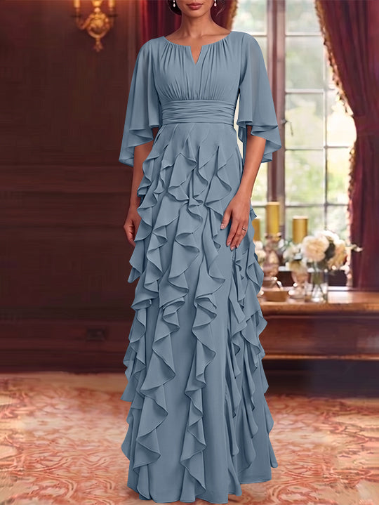 Robe Mère de la Mariée en Mousseline à Col Rond Ligne A/Princesse Longueur au Sol à Volants Manches 3/4