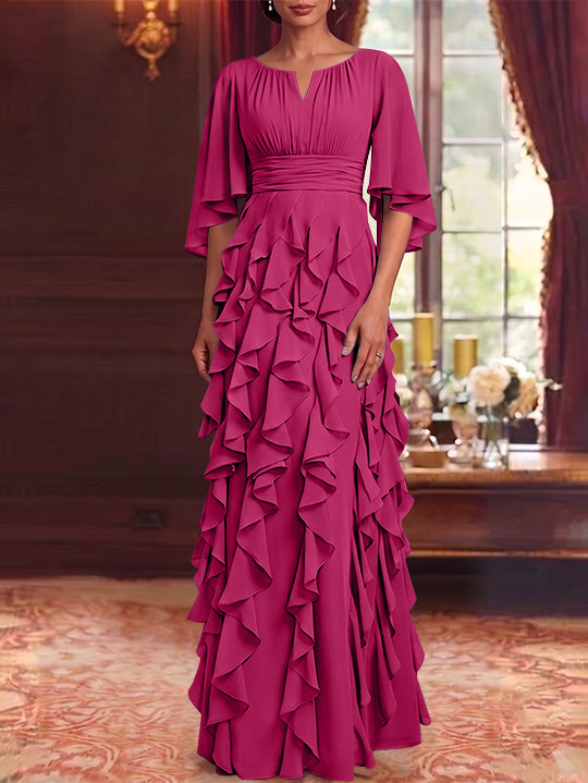 Robe Mère de la Mariée en Mousseline à Col Rond Ligne A/Princesse Longueur au Sol à Volants Manches 3/4