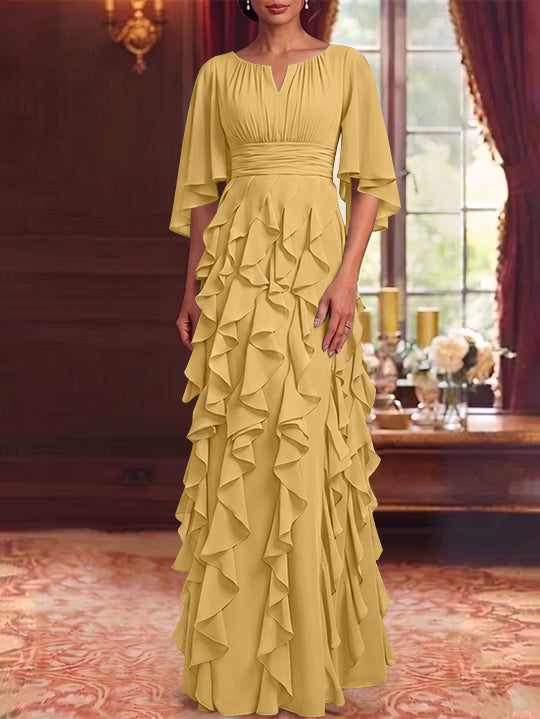 Robe Mère de la Mariée en Mousseline à Col Rond Ligne A/Princesse Longueur au Sol à Volants Manches 3/4