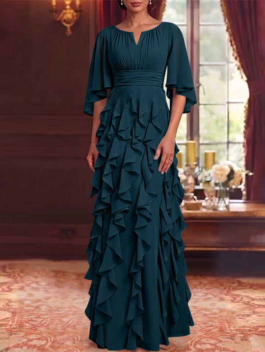 Robe Mère de la Mariée en Mousseline à Col Rond Ligne A/Princesse Longueur au Sol à Volants Manches 3/4