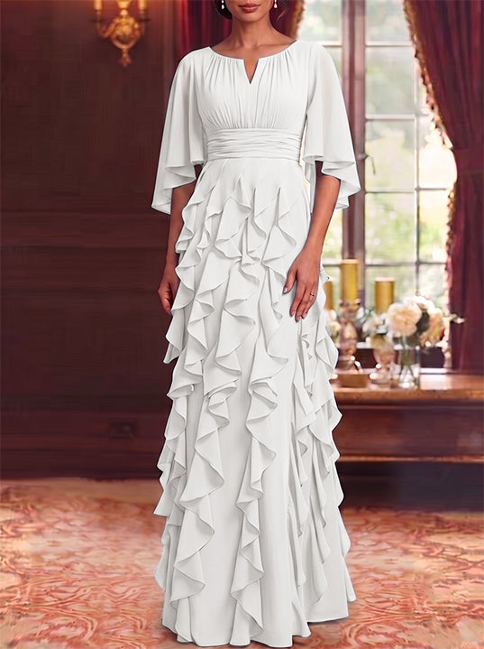 Robe Mère de la Mariée en Mousseline à Col Rond Ligne A/Princesse Longueur au Sol à Volants Manches 3/4