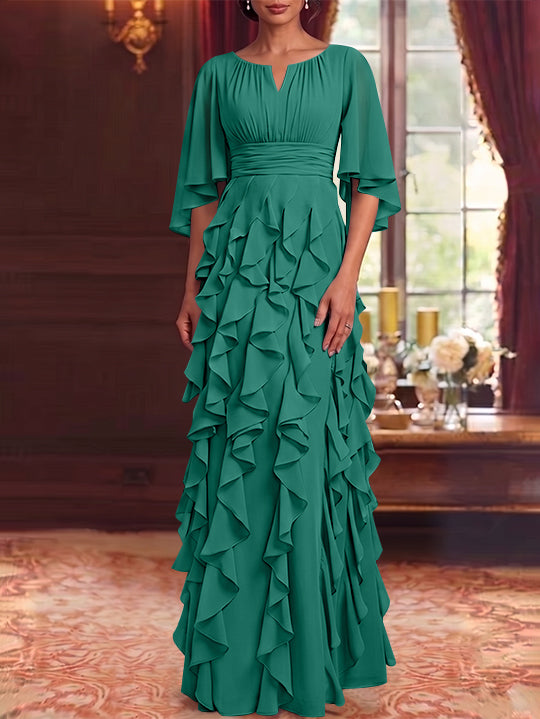 Robe Mère de la Mariée en Mousseline à Col Rond Ligne A/Princesse Longueur au Sol à Volants Manches 3/4