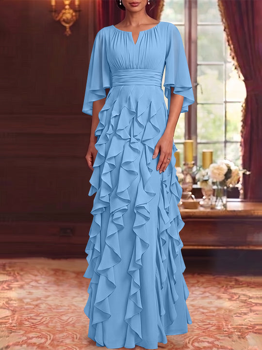 Robe Mère de la Mariée en Mousseline à Col Rond Ligne A/Princesse Longueur au Sol à Volants Manches 3/4