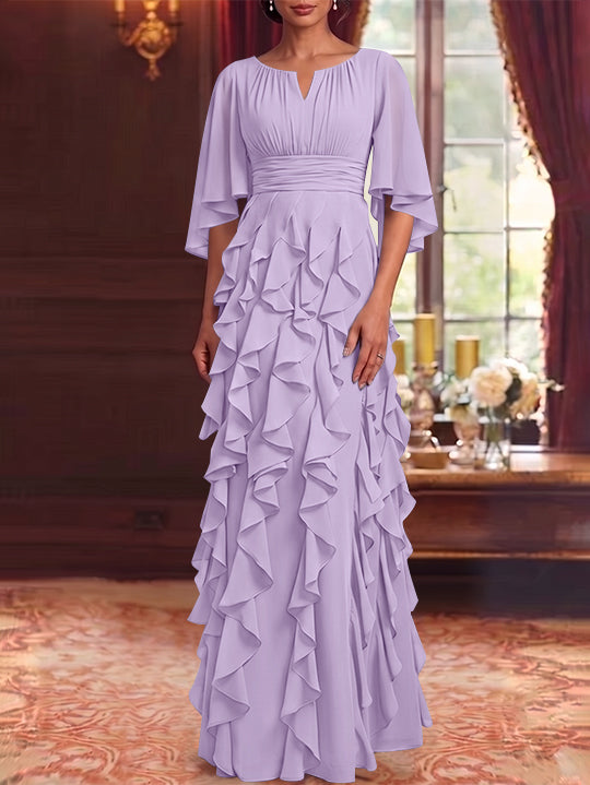 Robe Mère de la Mariée en Mousseline à Col Rond Ligne A/Princesse Longueur au Sol à Volants Manches 3/4