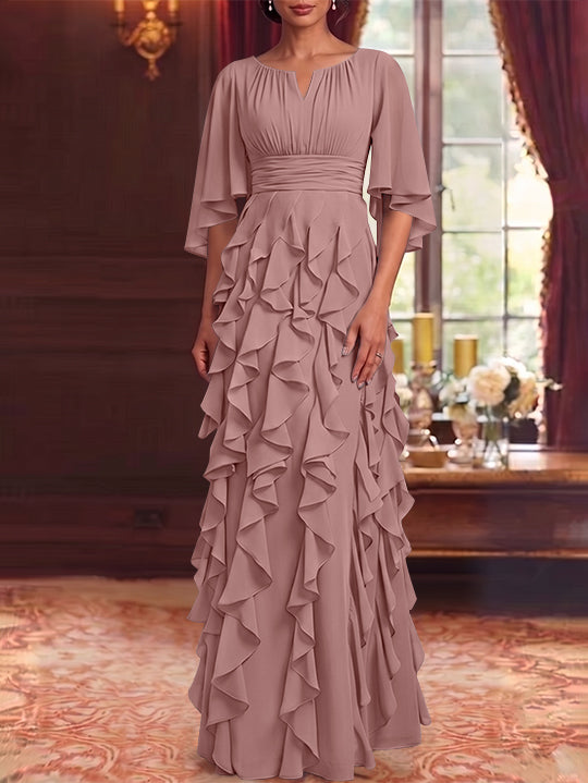 Robe Mère de la Mariée en Mousseline à Col Rond Ligne A/Princesse Longueur au Sol à Volants Manches 3/4