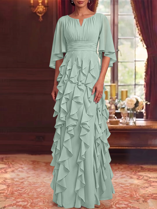 Robe Mère de la Mariée en Mousseline à Col Rond Ligne A/Princesse Longueur au Sol à Volants Manches 3/4