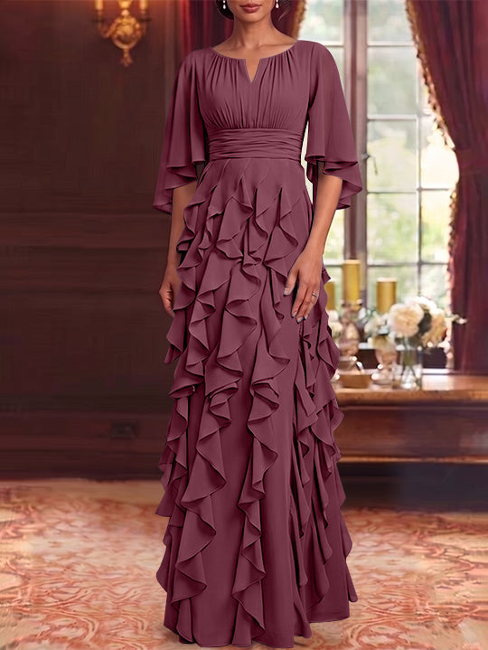 Robe Mère de la Mariée en Mousseline à Col Rond Ligne A/Princesse Longueur au Sol à Volants Manches 3/4